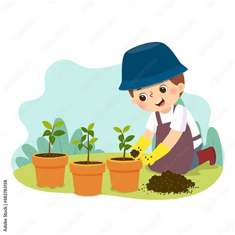 Vector illustration cartoon of a little boy doing gardening. Kids doing ...