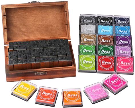 Dedoot Vintage Wooden Rubber Alphabet Ink Pad & Stamp Set, 70-Piece