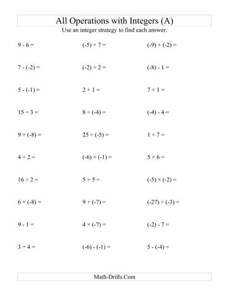 All Operations with Integers (Range -9 to 9) with Negative Integers in Parentheses (A)