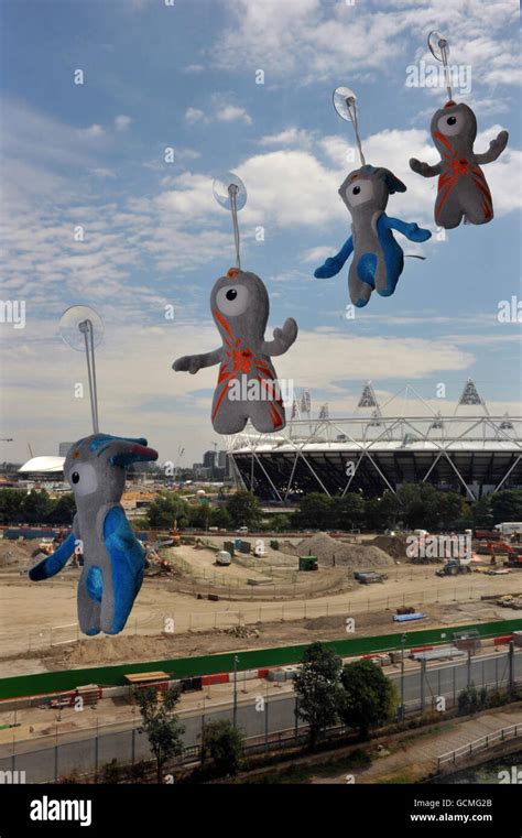 2012 London Olympics mascots Wenlock and Mandeville hang from a window ...