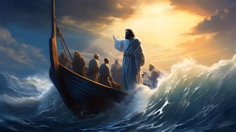 Jesus Christ on the boat calms the storm at the sea | Premium AI ...