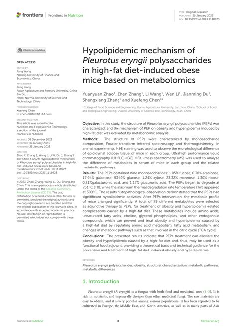 (PDF) Hypolipidemic mechanism of Pleurotus eryngii polysaccharides in high-fat diet-induced ...