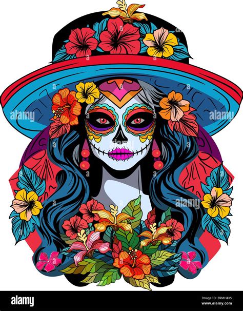 Catrina is symbol of Day of the Dead. Sugar skull with hat and flowers ...