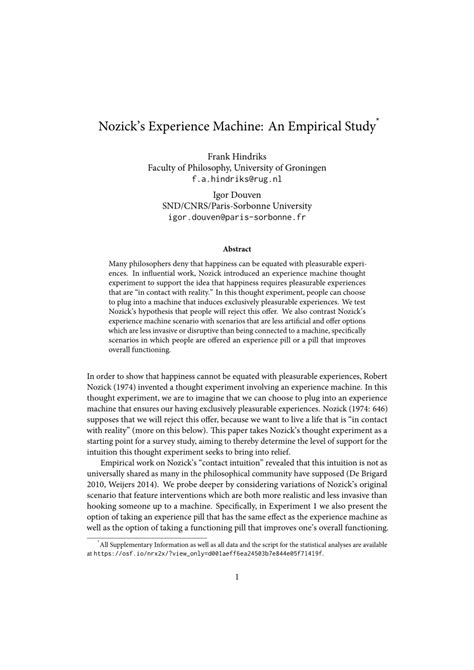 (PDF) Nozick's Experience Machine: An Empirical Study