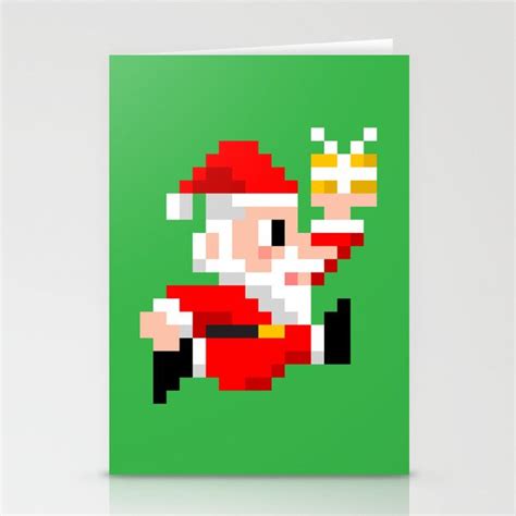 8-Bit Santa Claus Retro Gamer Christmas (green) Stationery Cards by Mozayix | Society6