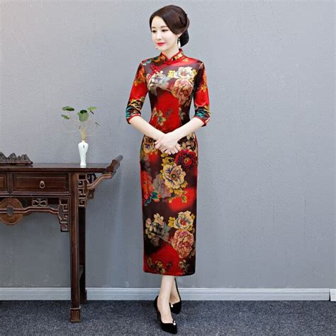 Velvet Cheongsam Mom Dress Women China Traditional Chinese New Year Costume Long Sleeve Qipao ...