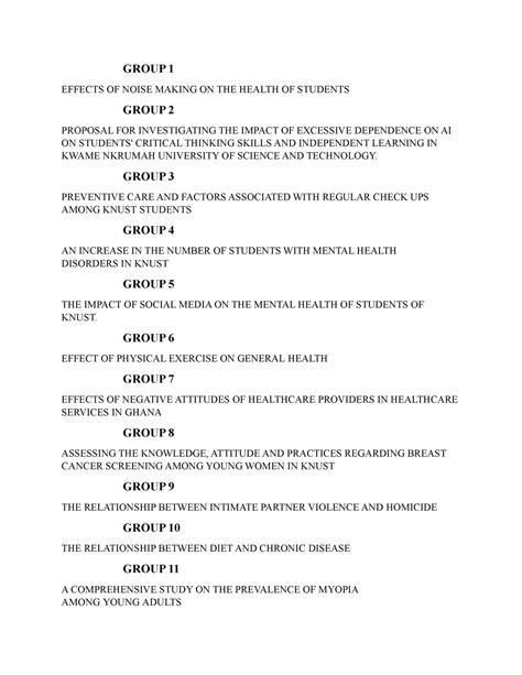 Research topics - GROUP 1 EFFECTS OF NOISE MAKING ON THE HEALTH OF ...