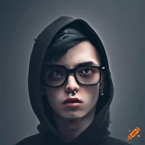 Stylish guy with black hoodie, piercings, and glasses