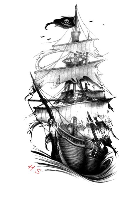 a black and white drawing of a pirate ship