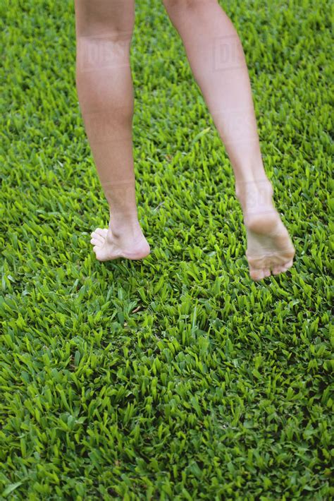 Woman walking barefoot on grass, low section - Stock Photo - Dissolve