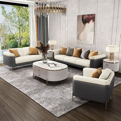 Vertex Gray & Beige Modern Living Room Set Leather Upholstered Sofa Set ...