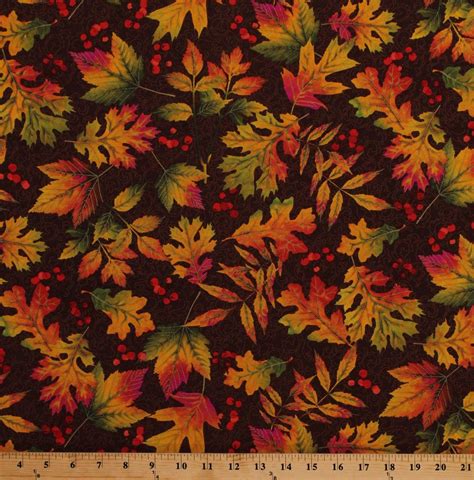 Autumn Leaves Fall Leaf Brown Metallic Shimmer Cotton Fabric Print BTY ...