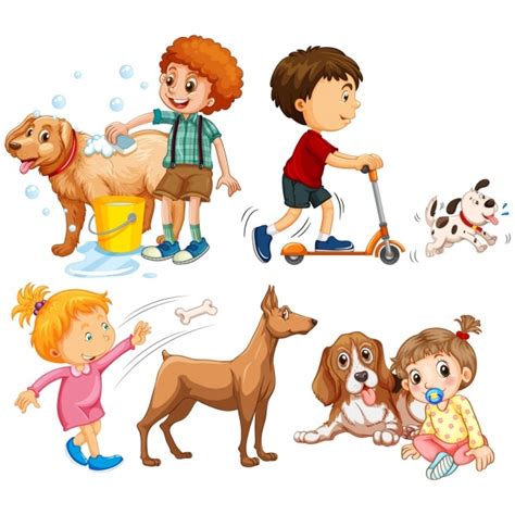 Niños jugando con sus perros | Vector Premium