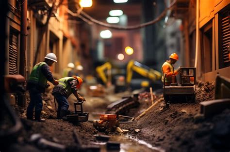 Premium AI Image | Tilt Shift Photo of City Sewer Maintenance Workers Laboring in the Diml ...