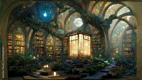 AI generated image of an ornate magical library with fairy lights, ornamental plants and gothic ...