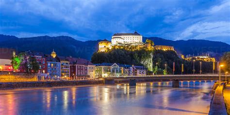 Austria, Tyrol, Kufstein, Fortress, Inn river and old town in the ...