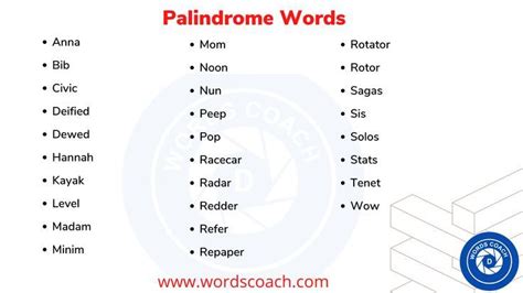 Palindrome Words - wordscoach.com | Words, Vocabulary words, Reading words