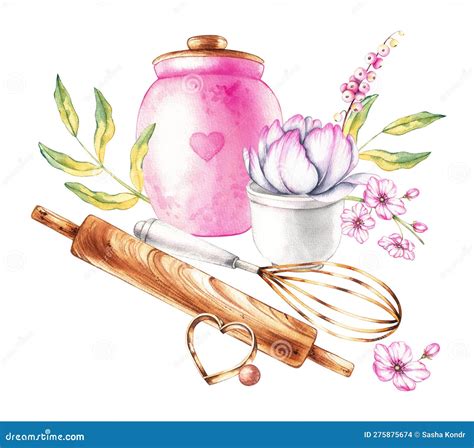 Baking Tools, Flowers Watercolor Composition on a White Background ...