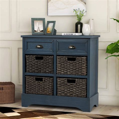 Amazon.com: Knocbel Storage Cabinet with 2 Drawers and 4 Rattan Baskets, 28" Rustic Sofa Console ...