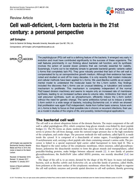 (PDF) Cell wall-deficient, L-form bacteria in the 21st century: A personal perspective