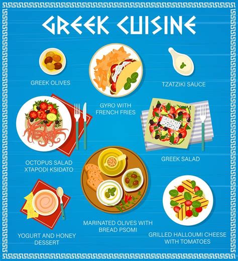 Greek cuisine food, Greece restaurant menu dishes 14636336 Vector Art at Vecteezy