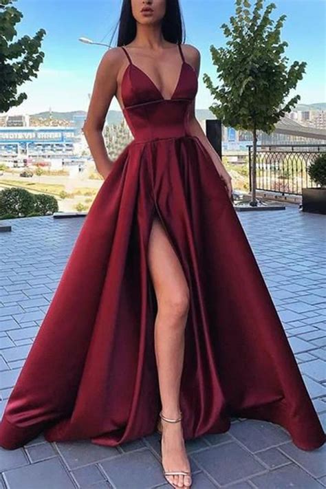 Simple Dark Red Satin Ball Gown V-neck Spaghetti Straps Prom Dress with Pockets, SP602 ...