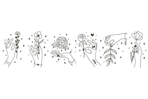 Magical hands holding flowers. Minimalist hands and flowers, abstract hand drawn floral symbols ...