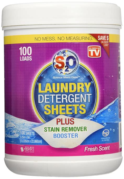 s2o Laundry Detergent Sheets Plus Stain Remover Booster, Fresh Scent ...