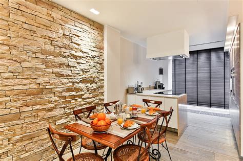 Free photo: dining room, kitchen, modern style, facing wall, stone wall, brickwall, modern decor ...