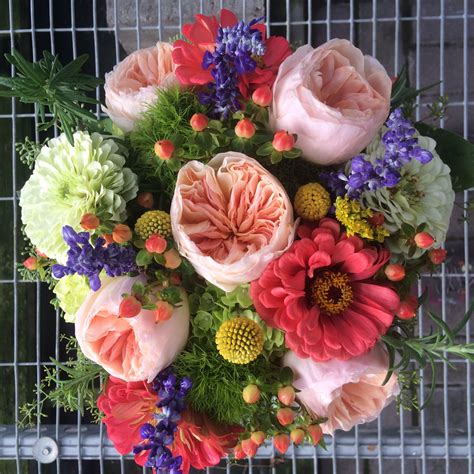 Zinnia and Juliet rose ridal bouquet with rosemary and seeded eucalyptus