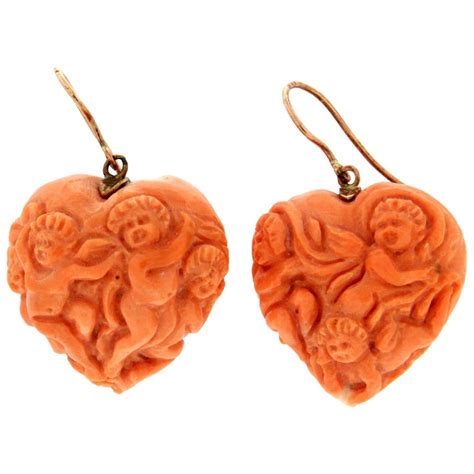 Handcraft 14 Karat Yellow Gold Coral Drop Earrings For Sale at 1stDibs