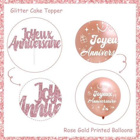 «Cheereveal Rose Gold Joyeux Anniversaire Balloons Kit Glitter Joyeux Anniversaire Banner Cake ...