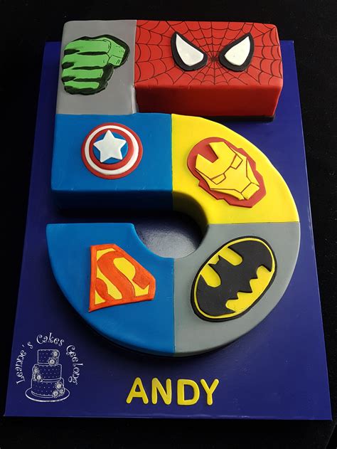 Superheroes Number 5 cake: Marbled mud cake with chocolate ganache filling. www.facebook.com ...