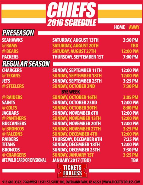 2016 Chiefs Printable Schedule - Kansas City Chiefs Schedule