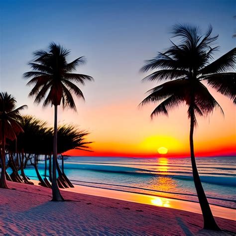 Premium AI Image | HD Serene Beachscape at Sunset with Palm Trees Sunset View of a Serene Beach ...