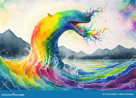 Colourful Rainbow Nessie the Loch Ness Monster Watercolor Painting ...