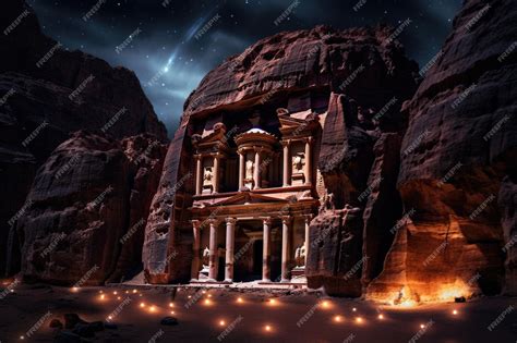 The Treasury in Petra Jordan at night with starry sky Al Khazneh in ...