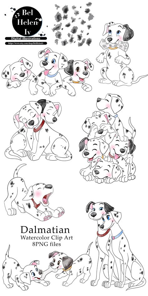 dalmatian watercolor clipart set with dogs and their names in black and ...