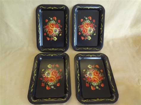 Vintage Metal Small Trays Black with Floral by TheCherishedElement