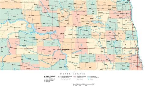 North Dakota Digital Vector Map with Counties, Major Cities, Roads, Rivers & Lakes