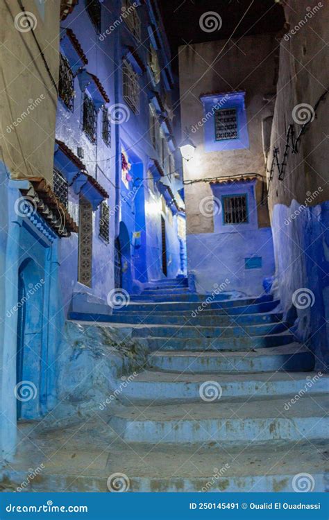 Stairs in the Alleys of Chefchaouen by Night Stock Image - Image of colorful, mediterranean ...