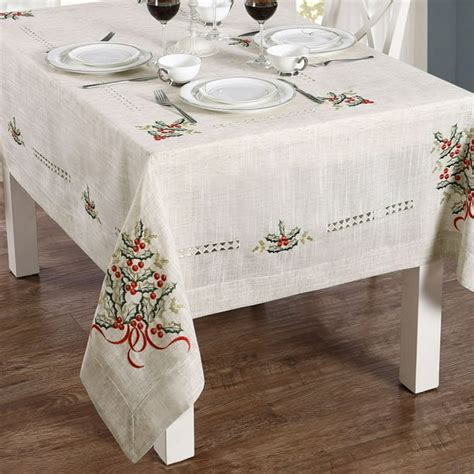 Fine Embroidered Linen Mistletoe Christmas Fabric Tablecloth - 60 in. W x 84 in. L (4-6 Chair ...