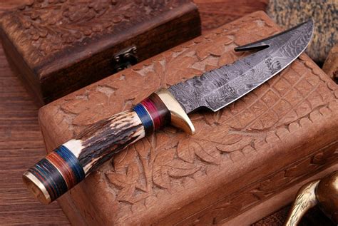 CUSTOM HAND FORGED DAMASCUS STEEL HUNTING KNIFE W/ STAG HANDLE – NB ...