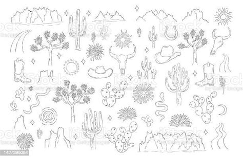 Desert Line Art Hand Drawn Vector Elements Set Stock Illustration - Download Image Now ...