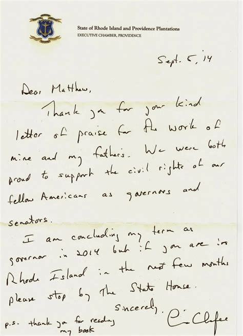 Mattsletters: Governor Lincoln Chafee handwritten letter to me