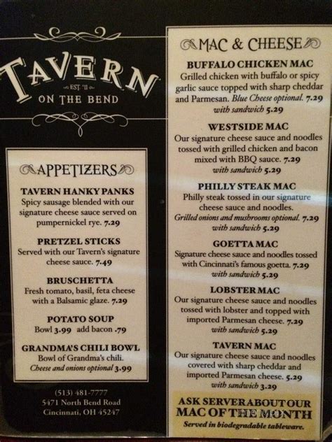 Menu of Tavern On The Bend in Cincinnati, OH 45247