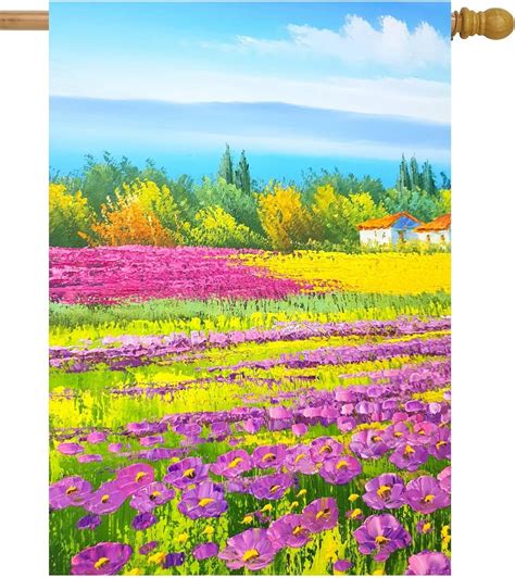 Oil Painting Purple Pink Flowers Meadow Colorful Spring Rural Landscape House Flag 28" x 40 ...