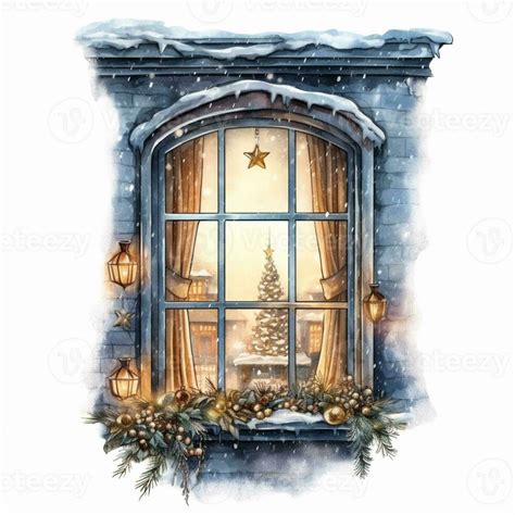 a painting of a window with a christmas tree and lights. generative ai. 28423932 Stock Photo at ...