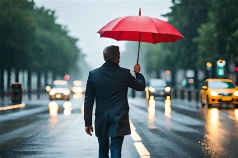 Premium Photo | A man is walking in the rain with an umbrella.