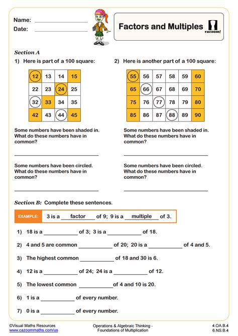 Factors and Multiples | PDF printable Operations and Algebraic ...